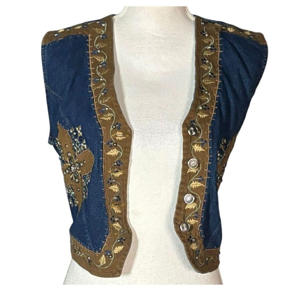 Studded Western Sleeveless Cropped Vest Size Medium Cross Blue Boho Festival - Picture 7 of 13